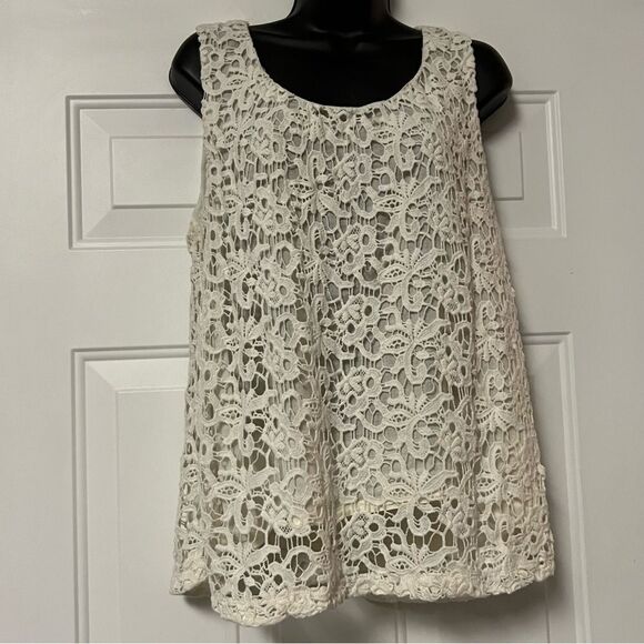 Lucky Brand Ivory Lace Eyelet Overlay Sleeveless Tank Top Fairy Tunic Shell M - Picture 1 of 12
